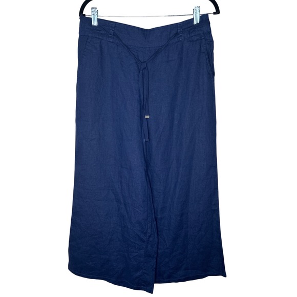 H Halston Size L Wide Leg palazzo‎ Crop Pants Navy Blue 100% Linen Belted Boho - Picture 1 of 5